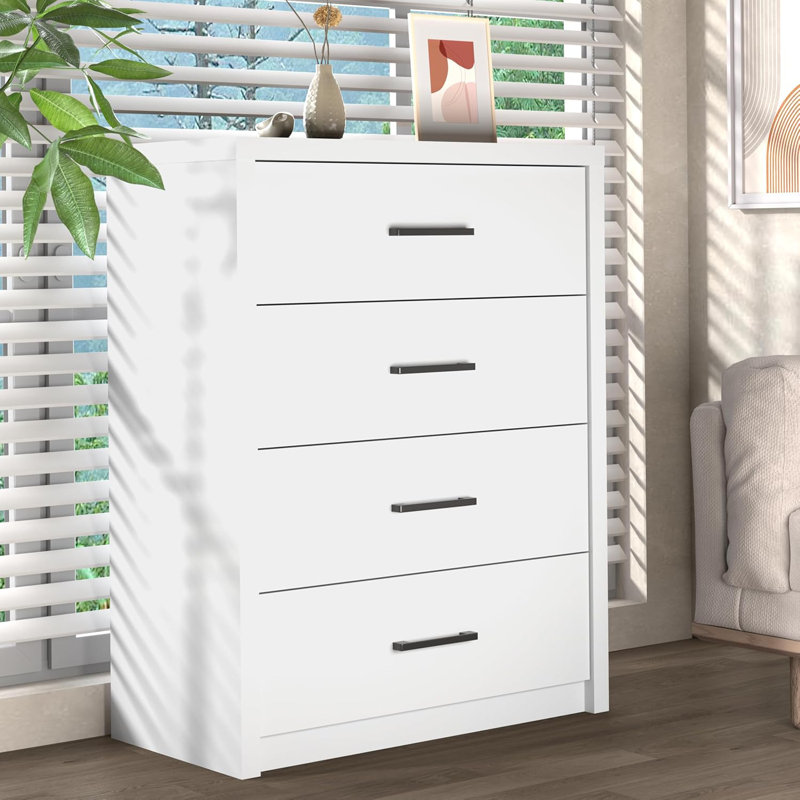 4-Drawer Wood Dresser - Wide Chest for Bedroom, Living Room or Home Office, White