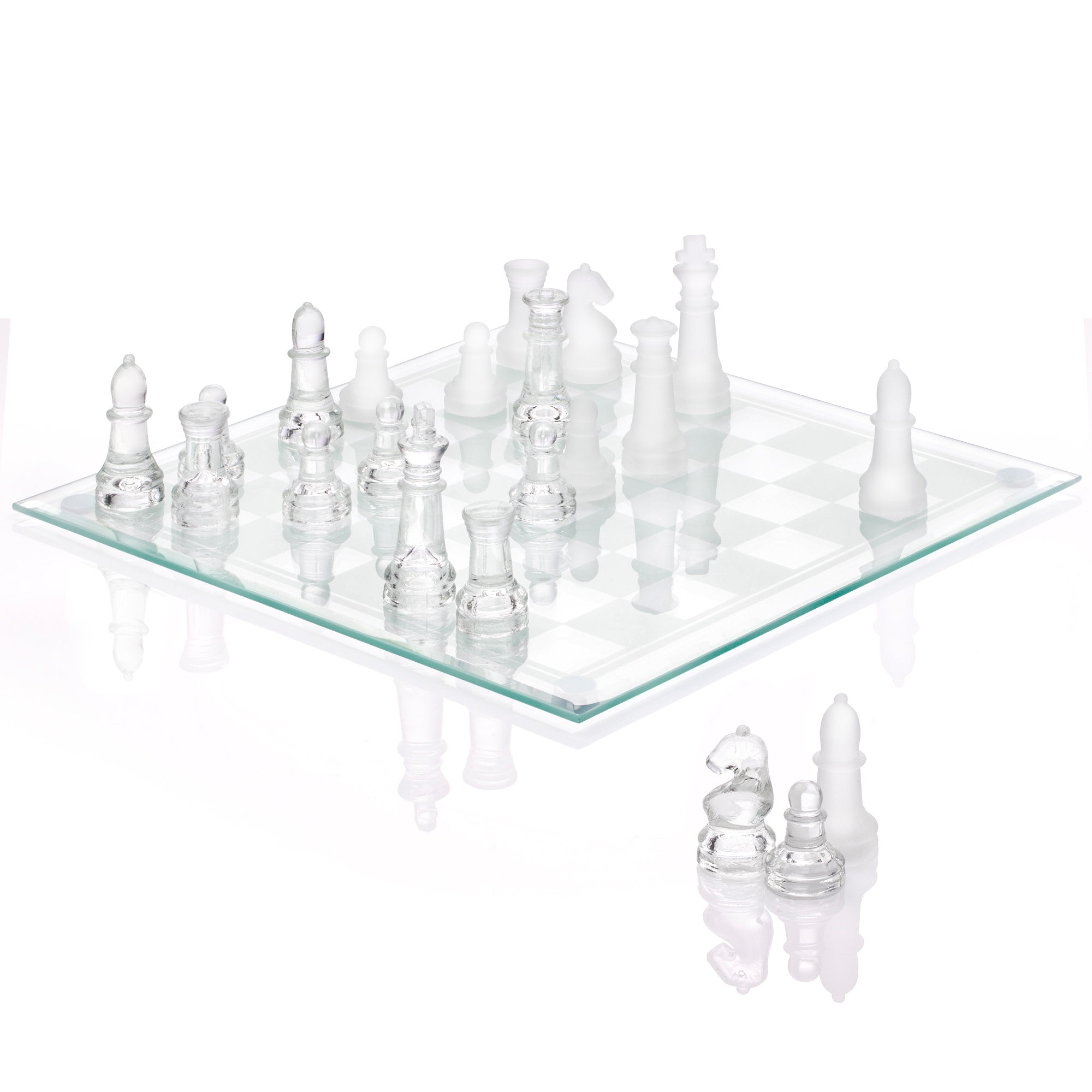 Fundex Etched Glass Chess Games Clear And Frosted Board Complete Set 15  Inch