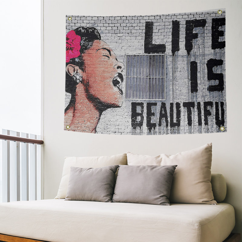 La vie en polyester est magnifique tapisserie, H 59 po x l 80 po x P 1 po