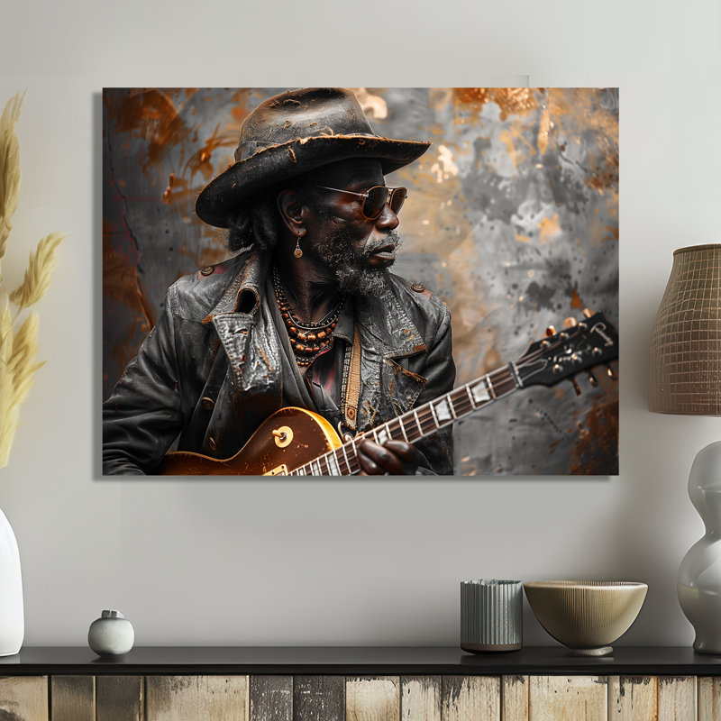«Gray Gold Guitare, musique, gourou - musique, art mural salon, Sans cadre, métal, H 30 po x l 40 po