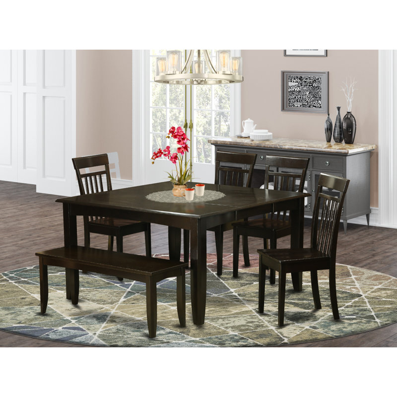 6-Piece Square Cappuccino Finish Solid Wood Top dining Table with 1-Bench and 4-Chairs with Lattice Back