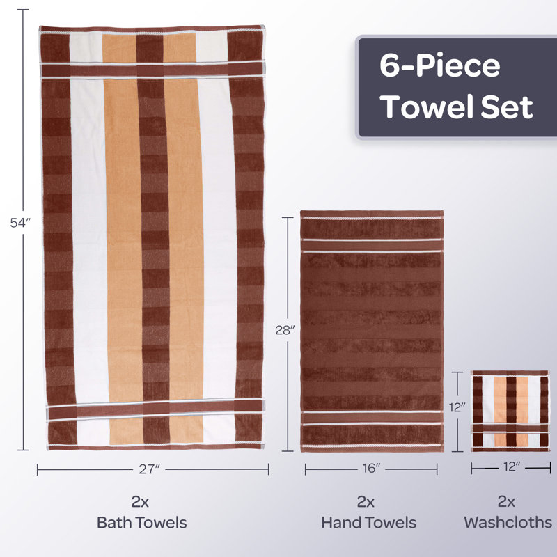 Lavish Home 6 Piece Towel Set - 525 GSM 100% Cotton Bathroom Accessories - 2 Bath Towels, 2 Hand Towels, and 2 Wash Cloths - Soft and Absorbent Bath Sheets for Shower, Gym, Dorm, and Spa 