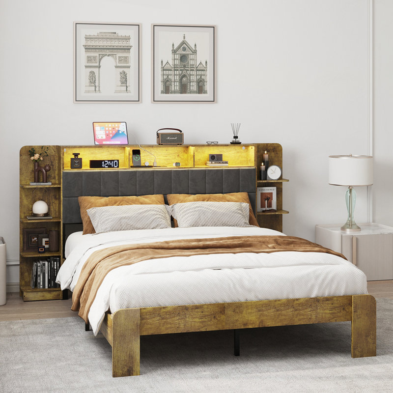 Platform Bed with Storage and Linen Headboard with Bookcase Shelves