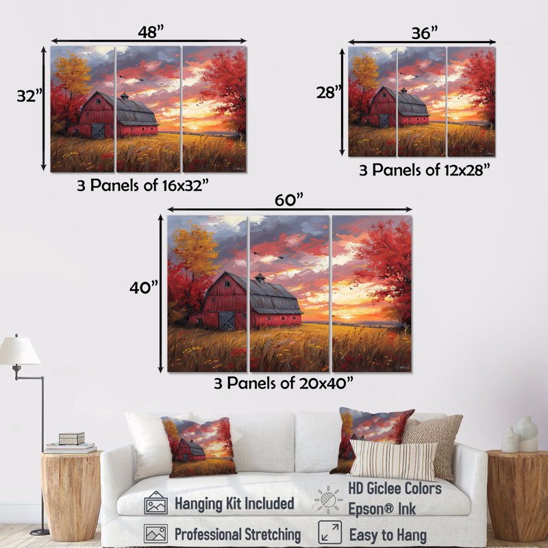 «Autumn Red Barn Breeze II», ensemble de reproductions d'art mural, Toile tendue, H 32 po x l 48 po x P 1 po