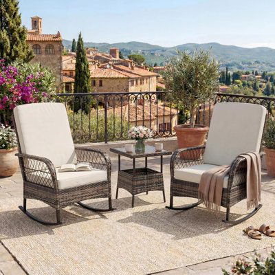 3 pcs Outdoor Rocking Bistro Set, Wicker Rocking Bistro Set with Thick Cushions