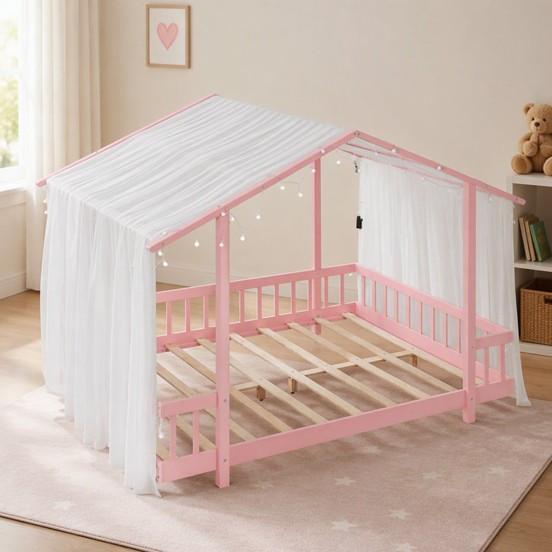 Lit plateforme double avec baldaquin en tissu transparent et guirlandes lumineuses, Full / Double, Pink