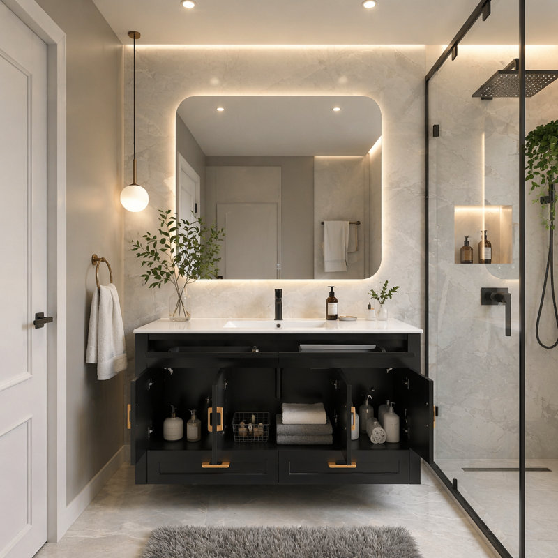 Ensemble de meuble-lavabo noir 48 po avec lavabo en résine, armoire de rangement abondante - 4 portes à fermeture douce et 4 tiroirs