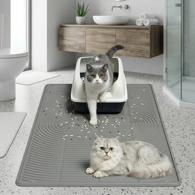 Grand tapis de litière souple en silicone souple et anti-fuites, 40 po x 28 po, antidérapant, litière pour chats multiples, facile à nettoyer et durable, gris