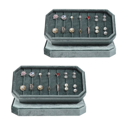 Velvet Ring Holder Jewelry Display Boxes, 2 Pack Forest-Green Korean Velvet Organizer Trays with Lid, 7 Slots, Holds Up to 21 Rings or Earring Pairs, 8.07 x 4.13 x 2.05 in