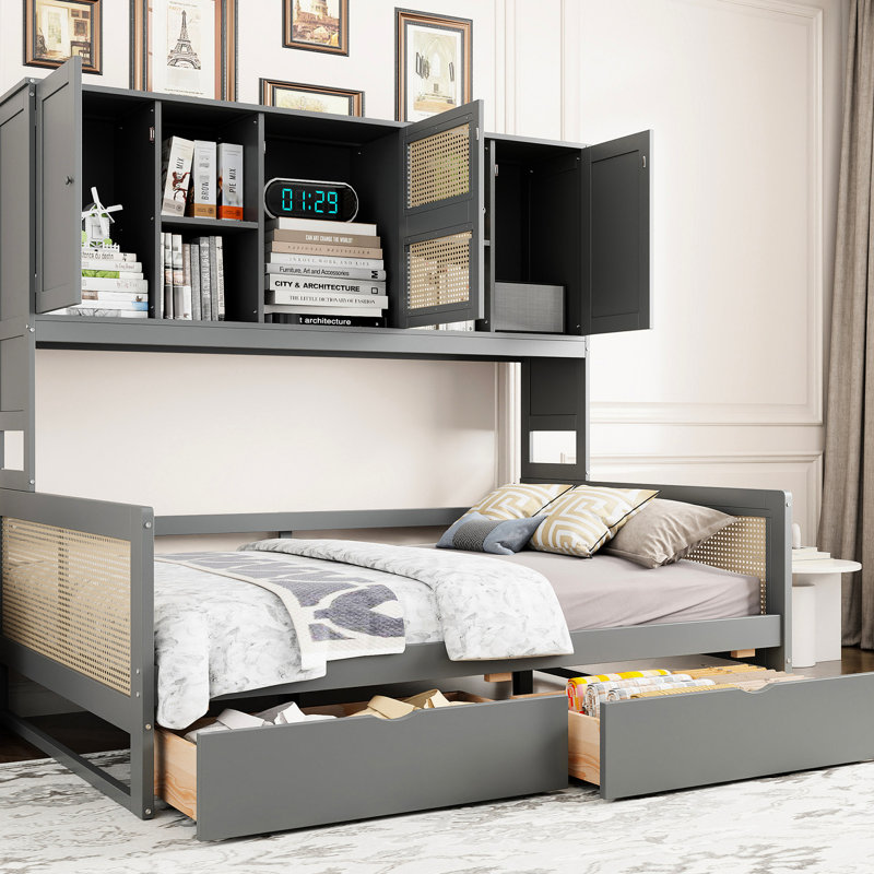 Lit de jour élégant en bois gris avec 2 tiroirs et armoire et tablette combinées, Complet/Double