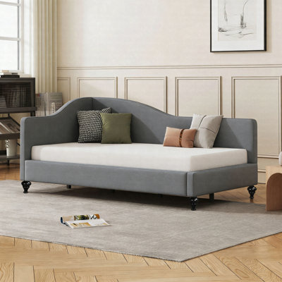 Twin Size L-Shaped Linen Daybed With Solid Wood Legs, Semi-Enclosed Corner Design, No Box Spring Required