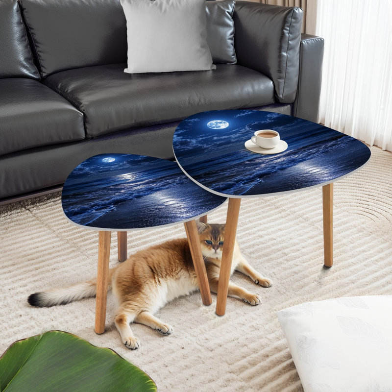 Ensemble de 2 tables basses gigognes Triangle Blue Coastal Moonrise Dramatic Sky Rolling Waves