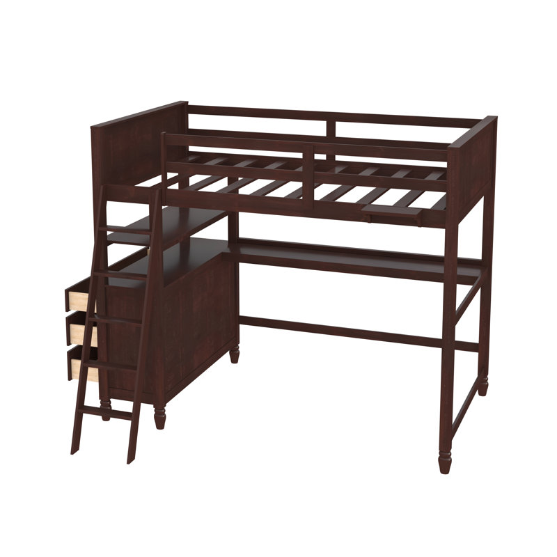 Dorie Kids 6 Drawers Wooden Loft Bed With Desk and Shelves, Full, Espresso