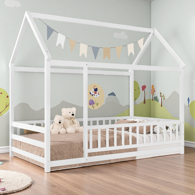 Floor Wooden Bed With House Roof Frame, Fence Guardrails, Twin, White