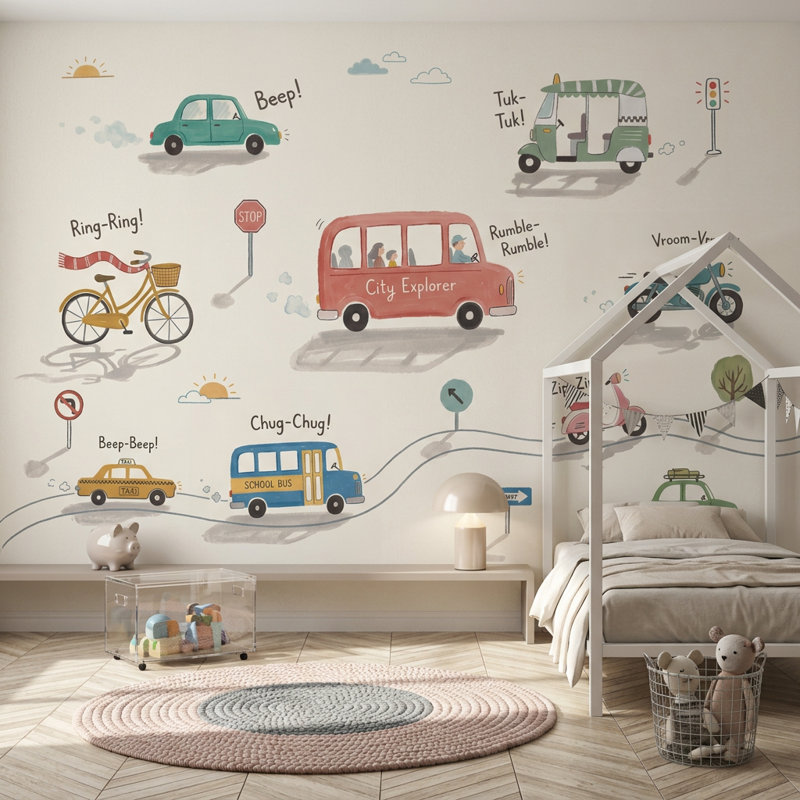 Illustration de transport, véhicules, véhicules, enfants, illustration murale, 100 po x 96 po, Peler et coller
