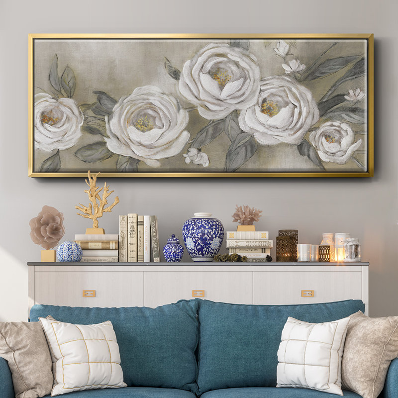 Cottage Roses- Framed Canvas, 8" H x 20" W
