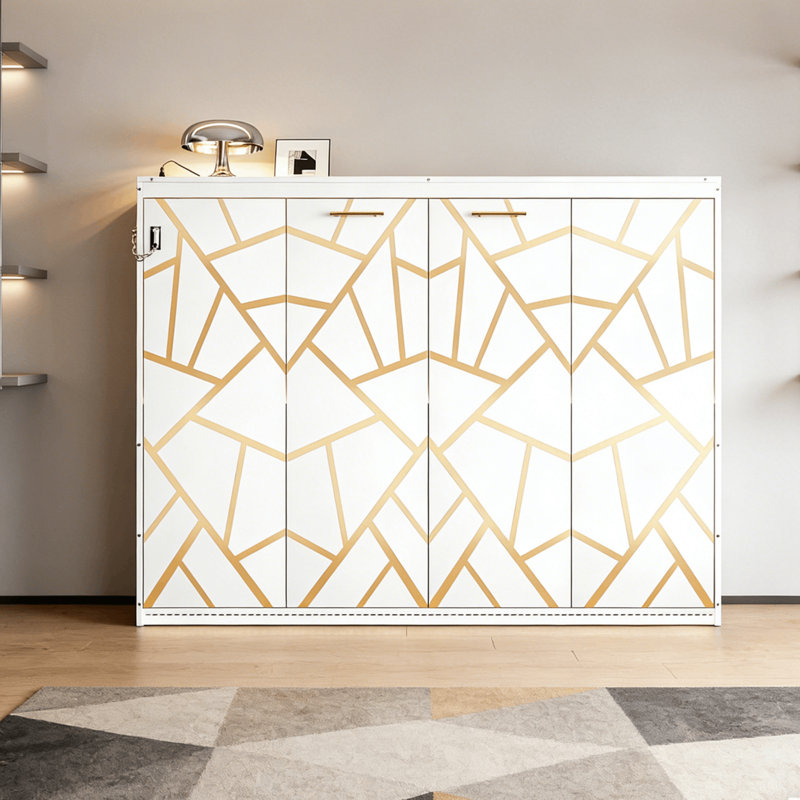 Lit escamotable horizontal moderne avec éclairage et prises de courant, White, Grand lit