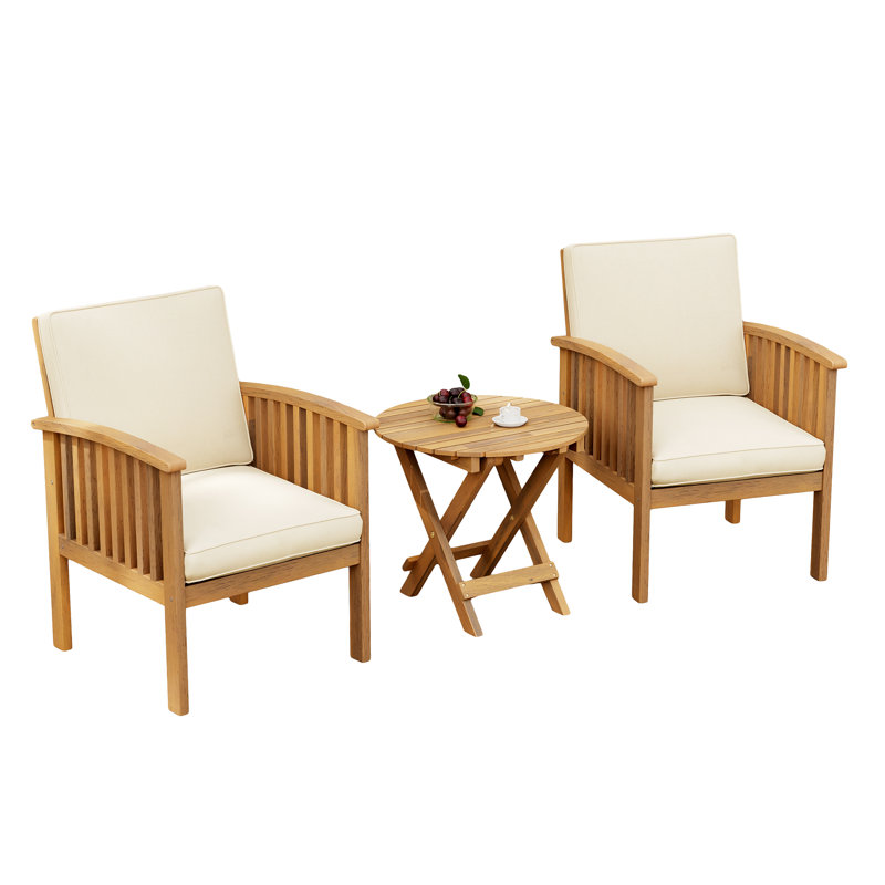 Halden Outdoor Wood Conversation Set With Cushions And Side Table