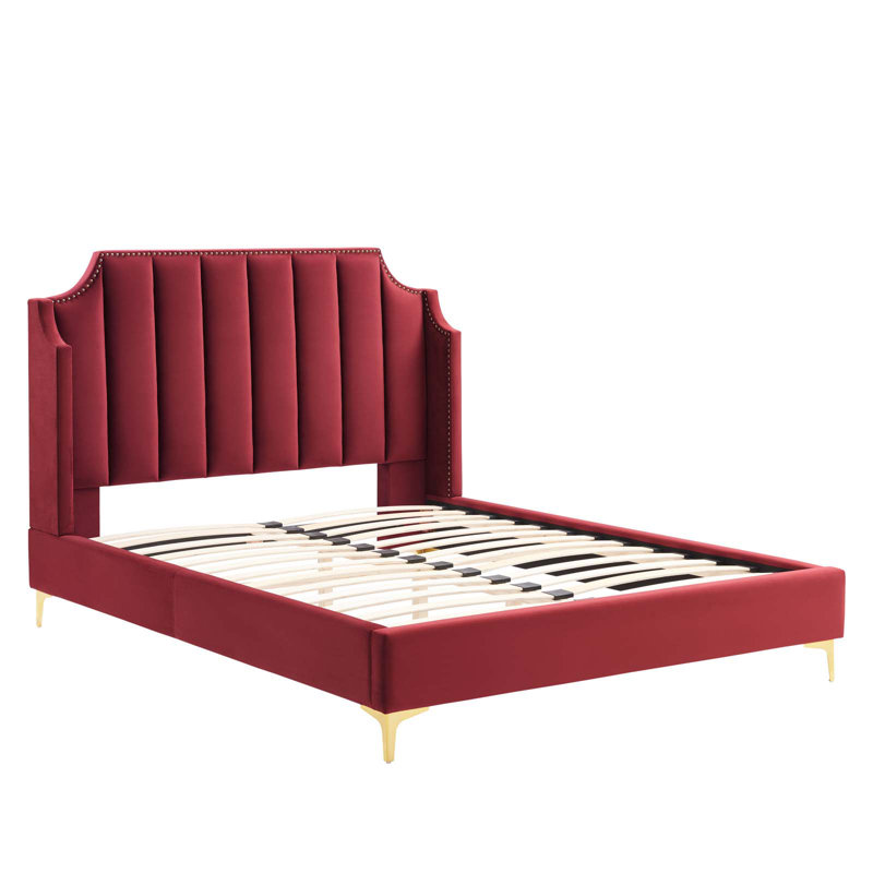 Maroon Velvet Queen Platform Bed with Tufted Headboard