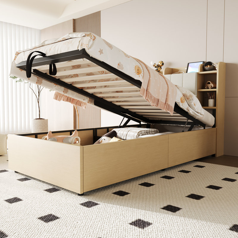 Hydraulic Storage Bed, European Single (90 x 200 cm), Brown