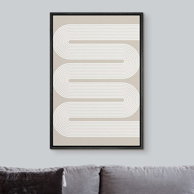 «Geometric Line», reproduction d'art sur toile encadrée, motif de vagues Mid-Century pastel gris et gris, formes abstraites, illustration, minimalisme, géométrique décoratif pour le salon, la chambre à coucher, le bureau