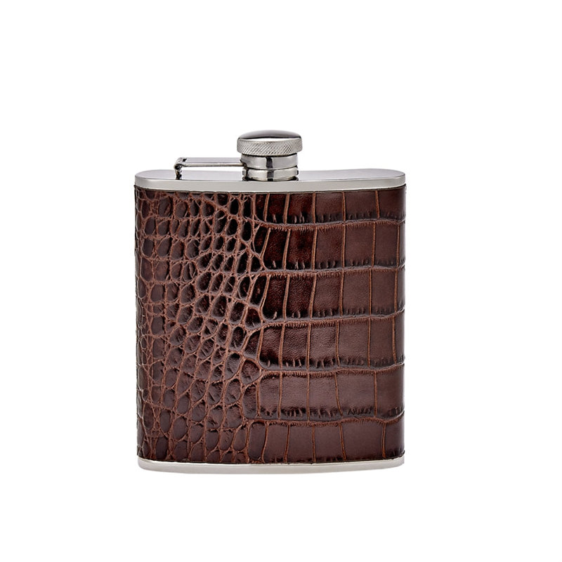 Graphic Image 6 oz Leather Wrapped Flask, Brown Embossed Croc Leather, Brown