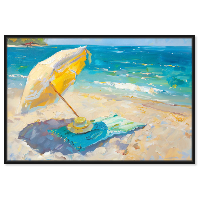 Morning Beach View Colorful Coastal Canvas Wall Art with Gold Frame