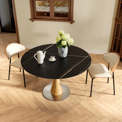 Table de salle à manger ronde de style Mid-Century de 109 cm (43 po) avec plateau en pierre frittée de qualité supérieure et pied central robuste en métal, idéale pour 2 à 4 personnes dans les petits espaces, appartements ou coins repas.