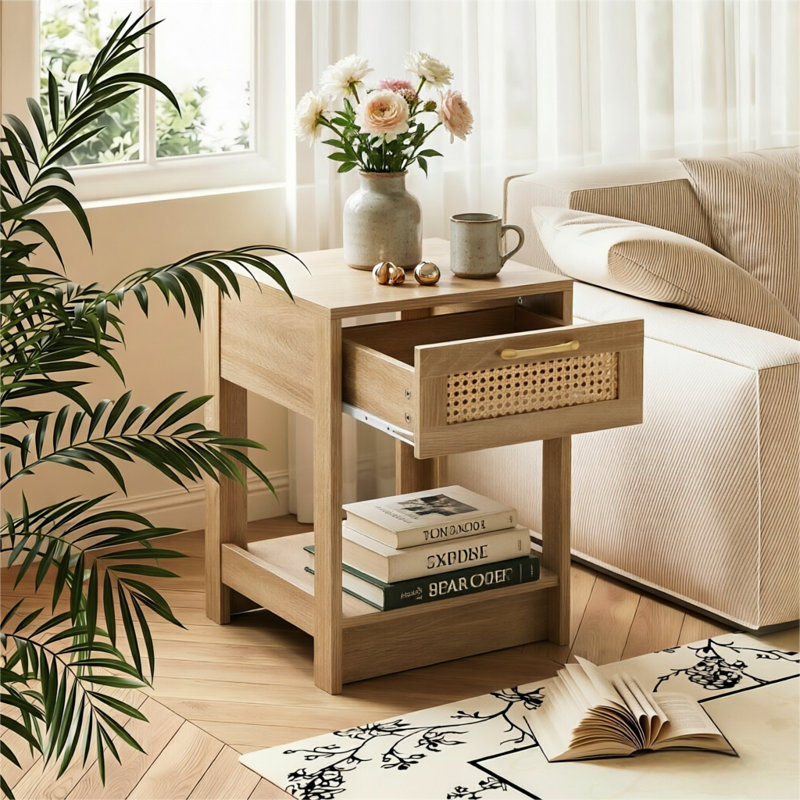 Table de chevet avec tiroir et tablette ouverte Boho