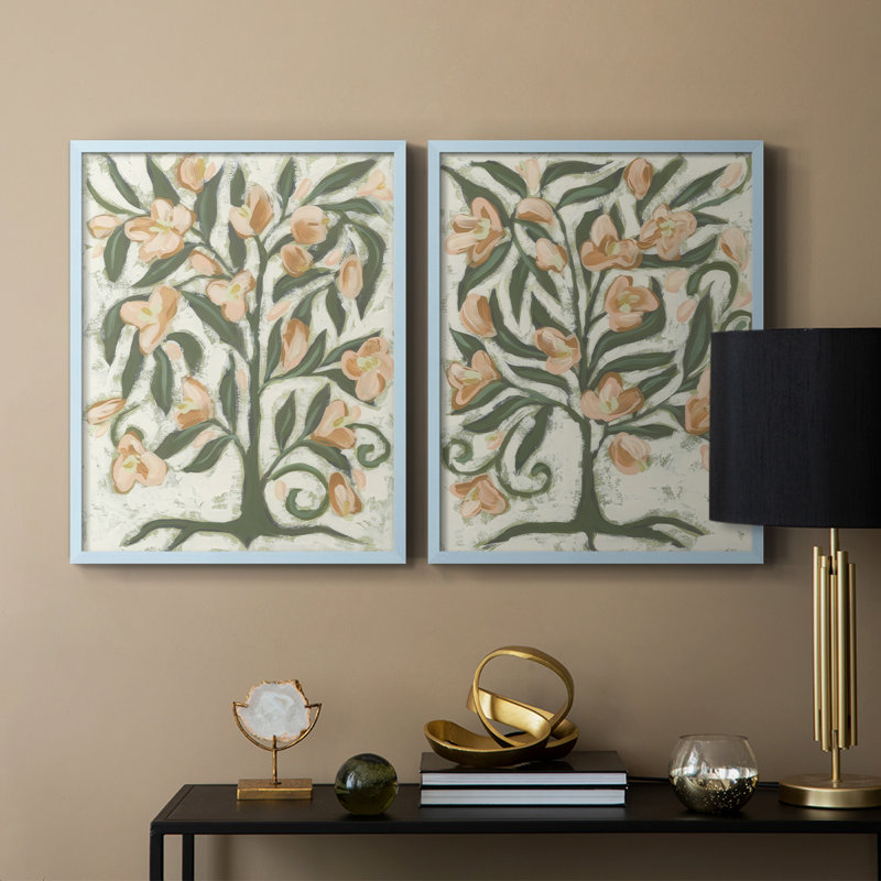«Folk Peach Blossoms I», reproduction encadrée de qualité supérieure - prête à être accrochée - aucun clou requis - aucun clou requis