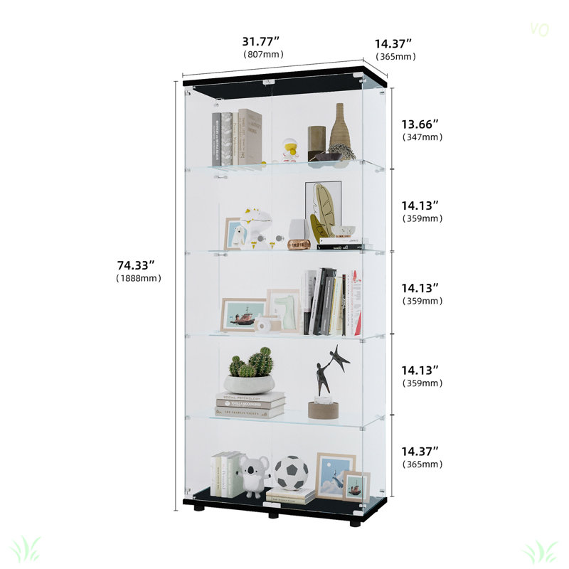 Two Door Glass Cabinet Glass Display Cabinet With 5 Shelves, Black