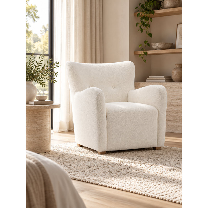 Harlow Modern White Bouclé Lounge Chair with Rounded Arms and Button-Tufted Backrest
