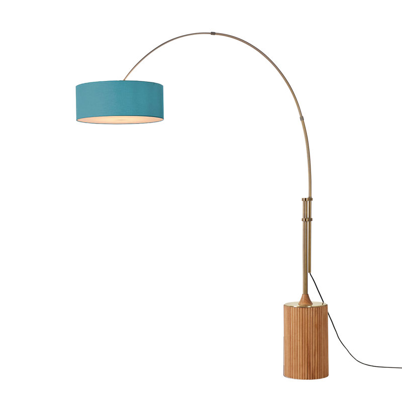 Tambo 92"H 1-Light Arc Lamp, Turquoise Linen Shade, Light Wood Base, Weathered Brass, Dimmable, for Living Room or Bedroom