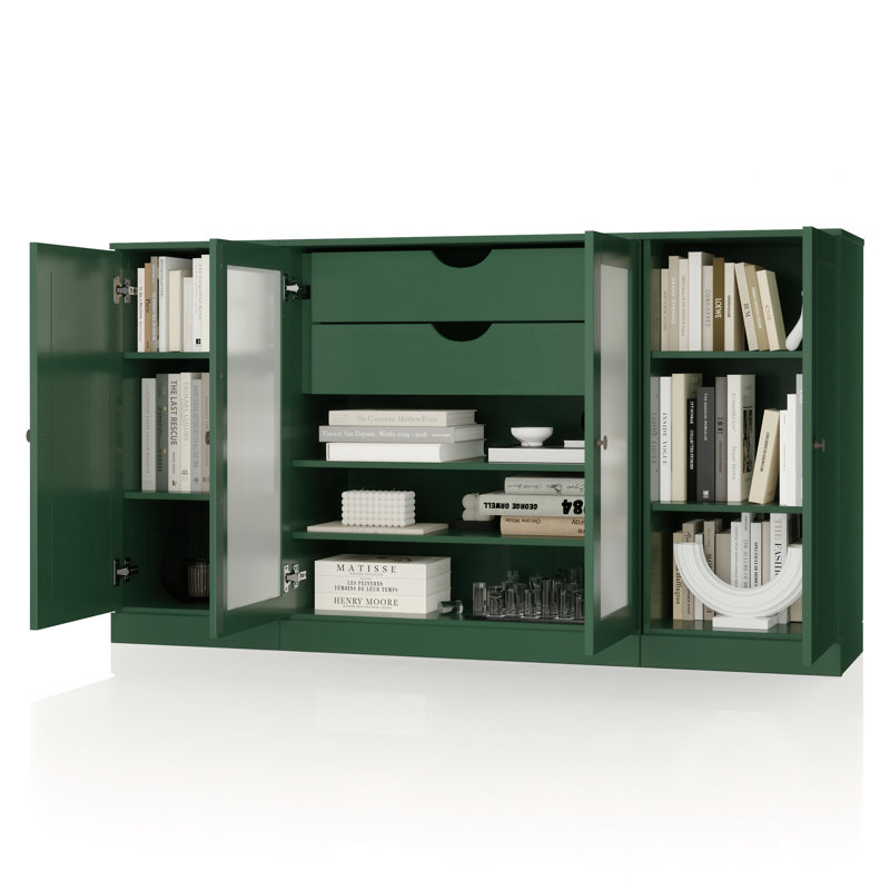 100% Solid Wood 65" Sideboard with Solid, Frosted Glass Doors, 2-Drawers and Adjustable Shelves, Green