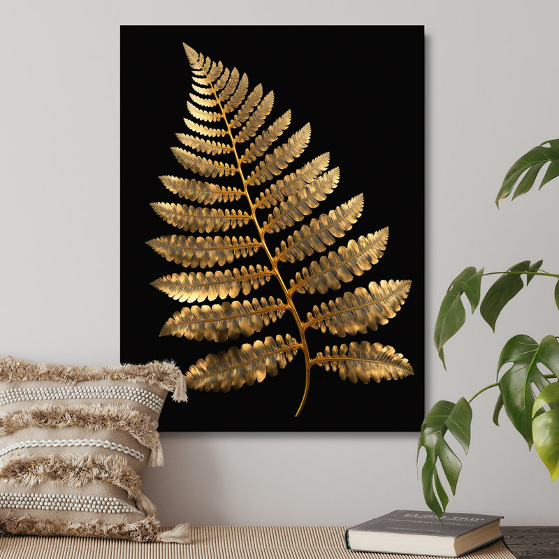Golden Fern on Black II - reproduction d'art sur toile, H 20 po x l 12 po x P 1 po, Toile tendue