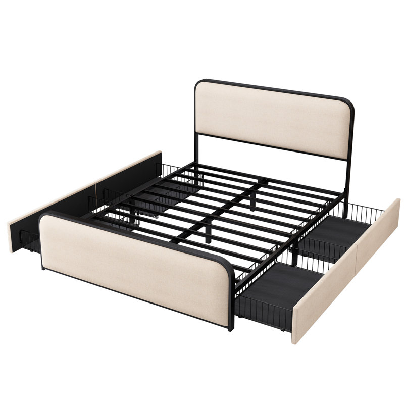 Bed Frame With Curved Upholstered Headboard And Footboard Bed With 4 Storage Drawers, Metal Platform Bed Frame, Queen