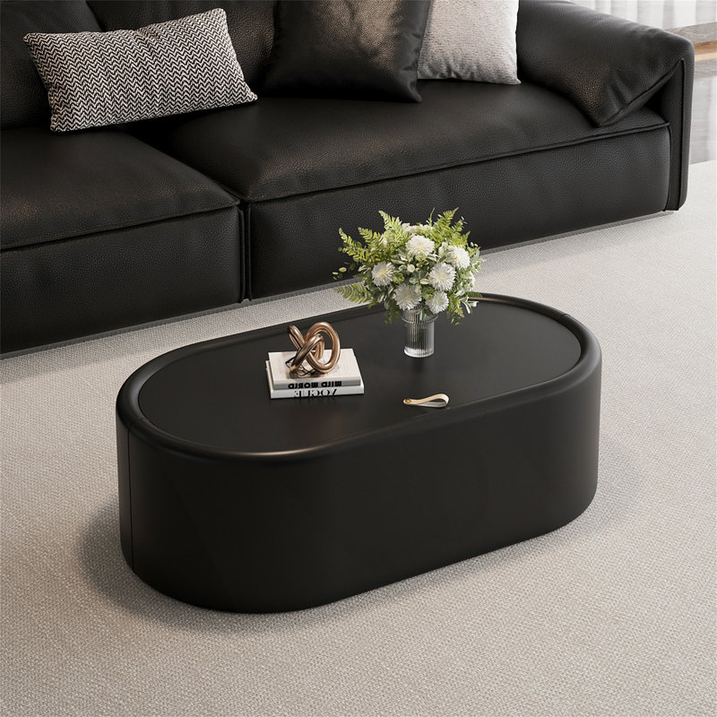 Table basse ovale avec rangement 33,46 po - Plateau en verre trempé certifié 3C et revêtement en similicuir, Black