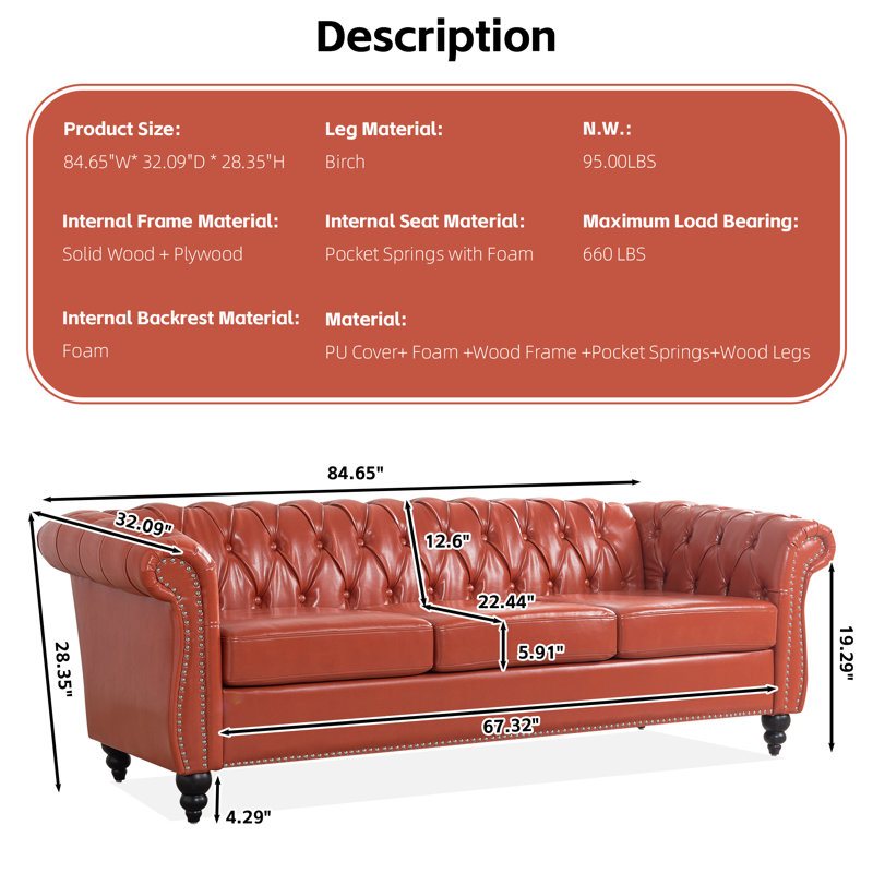 Annalena 84.65'' Faux Leather Sofa, Orange Faux Leather