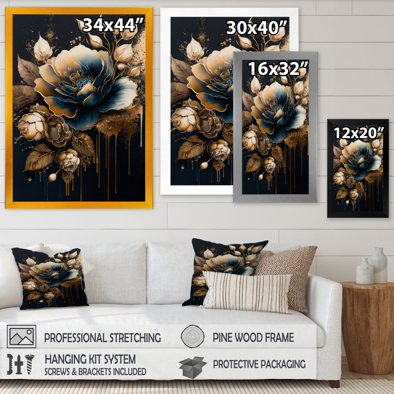 Décoration murale bleu marine et rose doré II - Rose, H 40 po x l 30 po x P 1,5 po, Impression noire sur toile encadrée