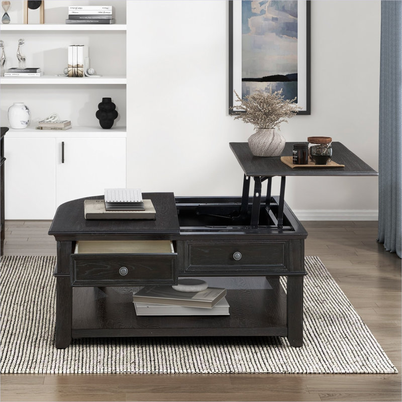Table basse en bois anthracite avec plateau relevable et tiroir de rangement pour le salon de style moderne