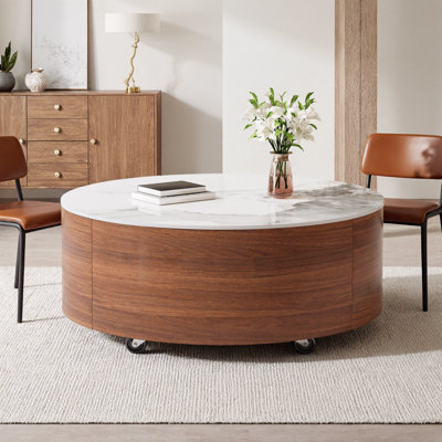 Table basse ronde moderne de 29,5 po avec roulettes, plateau en marbre fritté en pierre, 2 tiroirs, base en bois de noyer, table centrale mobile pour le salon, roulettes verrouillables, résistante à la chaleur et aux égratignures