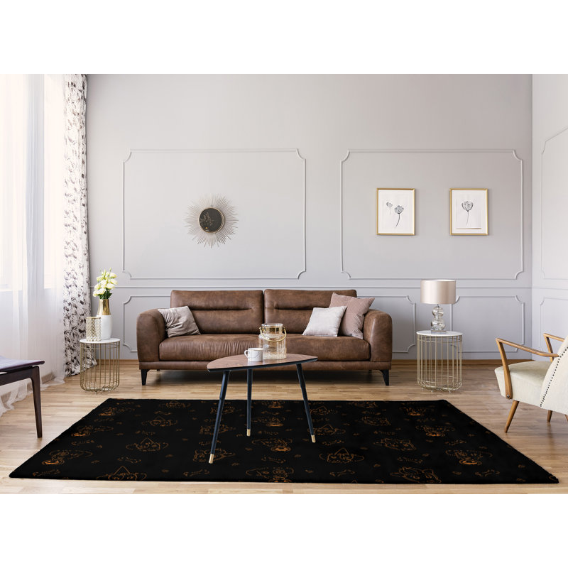 Tapis de zone noir/orange fait main, Rectangle 5 pi x 7 pi