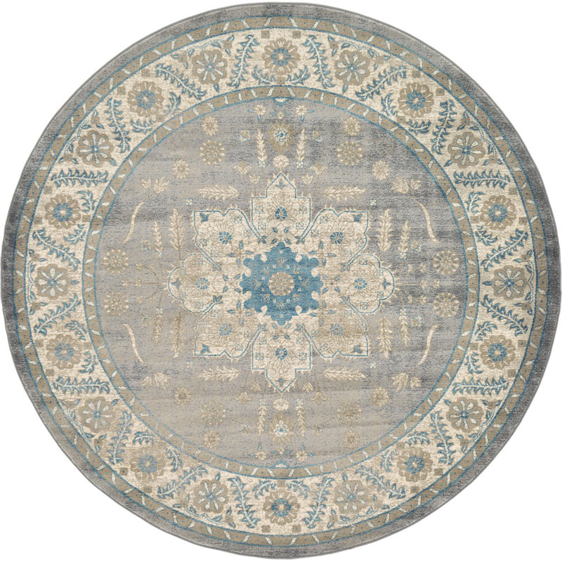 Tapis gris / ivoire / bleu Gwendolyn, Rond 8 '- 2