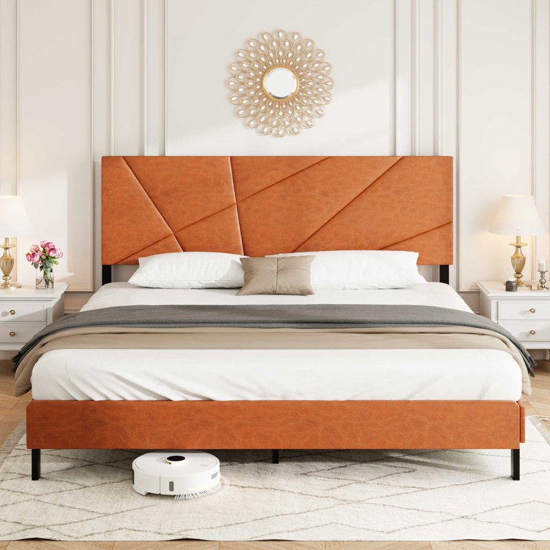Queen Size Bed Frame, Antique Brown, Metal And Material Blend, Square Platform With Under - Storage, Modern Style Appeal, No Spring Loaded Mattress Brown Upholstered Quick Assembly, High Strength