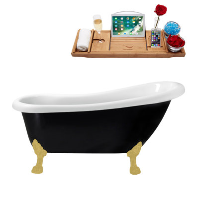 61" Streamline Clawfoot Soaking Acrylic Bathtub With Drain, Clawfeet, and Bamboo Tray