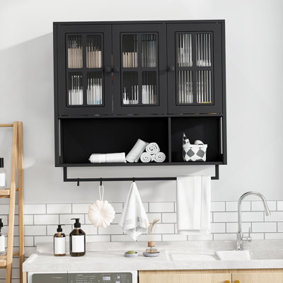 Armoire murale de salle de bain, armoire murale en bois à 3 portes avec espace de rangement ouvert et caché, armoire à pharmacie avec porte en verre et barre à serviettes pour le salon du vestibule, salle à manger, noir