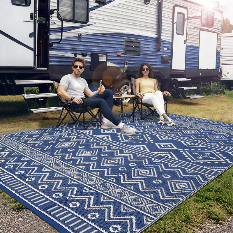 Waterproof Outdoor Area Rug - Geometric Patio Carpet, UV Resistant, Easy Clean, Lightweight & Durable Garden Deck Mat, Blue
