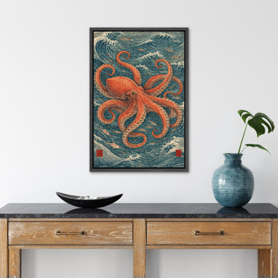 «Vintage Style Octopus Ocean Illustration Nautical Art Wall Art Decor», reproduction encadrée sur toile