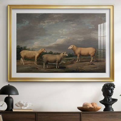 «Three Sheep in a Landscape» par James Ward, reproduction encadrée avec passe-partout et verre début du 19e siècle
