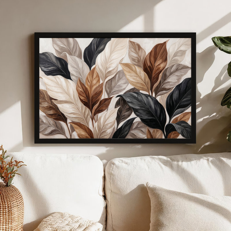 Art mural sur toile noir encadré pour le salon, la chambre à coucher, le bureau ou le vestibule - décoration murale décorative avec motif de feuilles